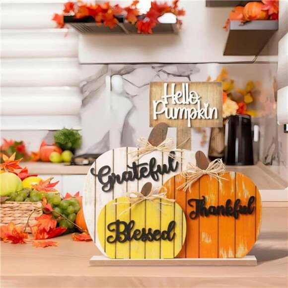 Fall Decorations for Home, Rustic Wooden Blessed Grateful Table Sign - Picture 5 of 7